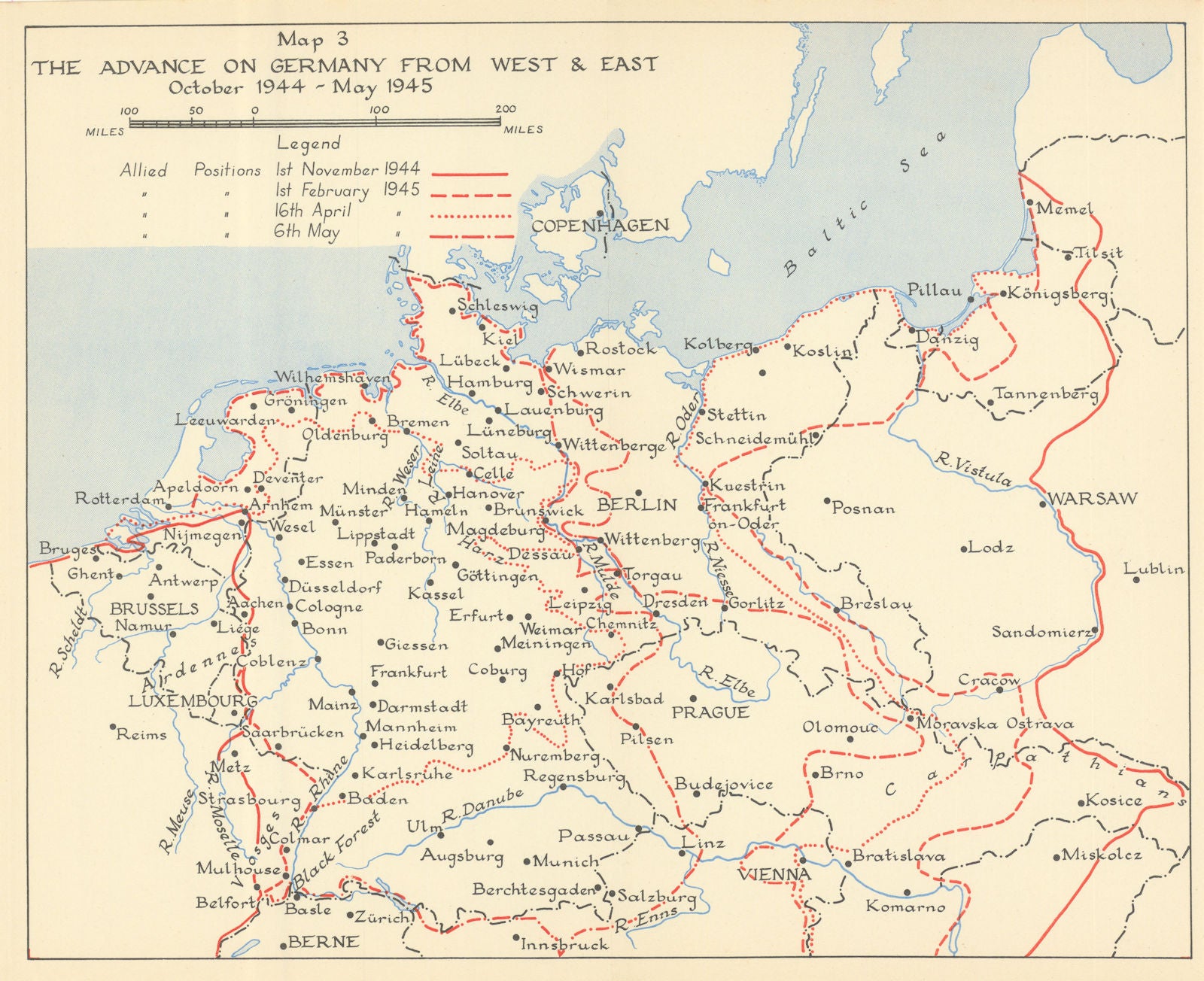 Invasion of Germany from West & East Oct 1944-May 1945. World War Two 1956 map